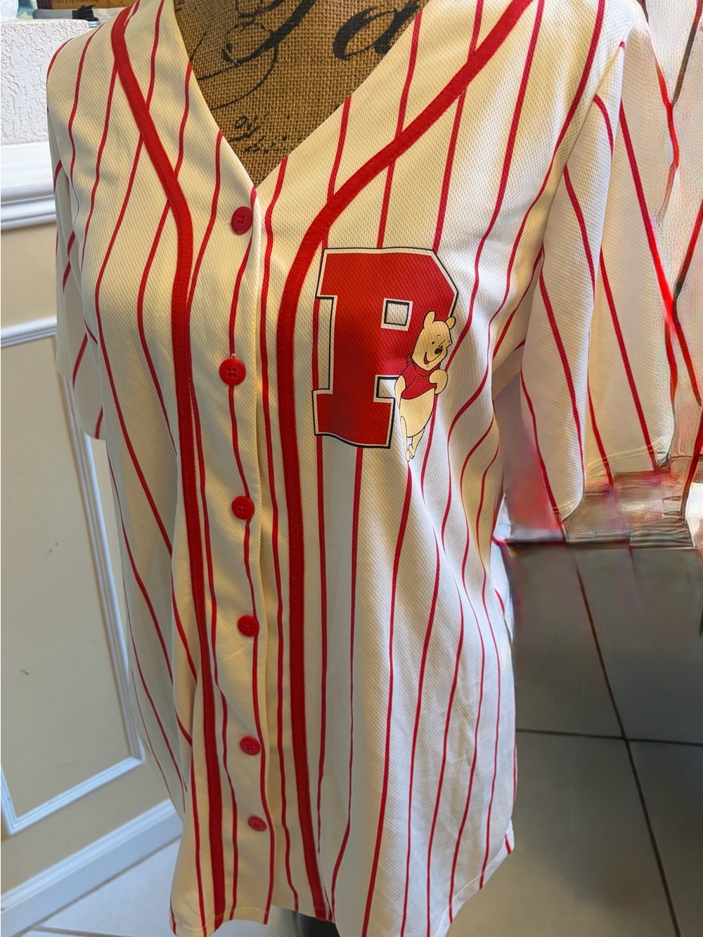 Disney White and Red Striped Winnie the Pooh Baseball Jersey